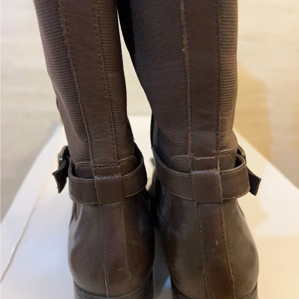 Isaac Mizrahi Live brown leather knee-high riding boots.